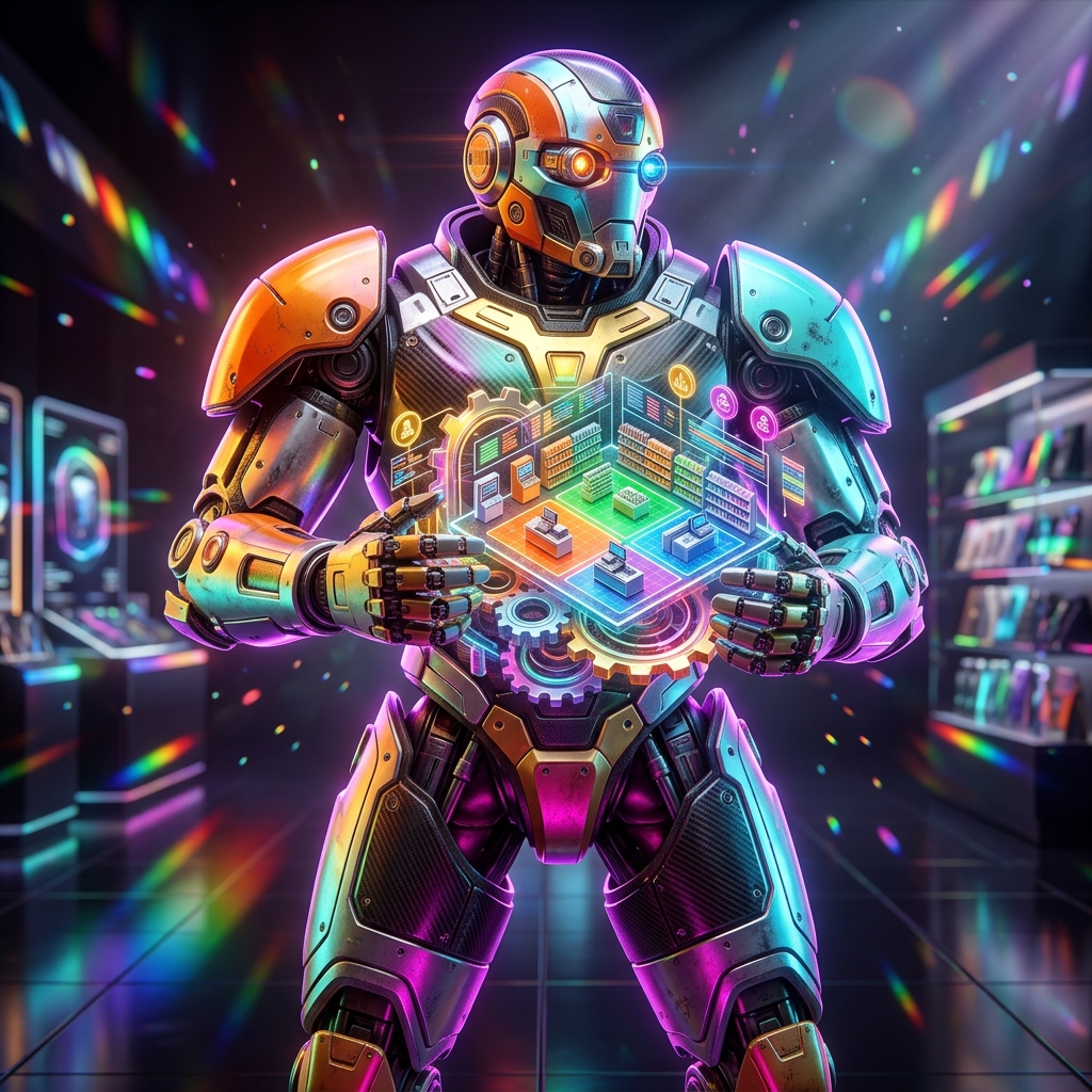 FieldGrid Tactical — Point of Sale & Retail Operations — Point of Sale category hero — heavily armored guardian robot holding a symbolic emblem of the category with both hands in chrome-and-glass showroom with mirrored floor and rim-lit product staging