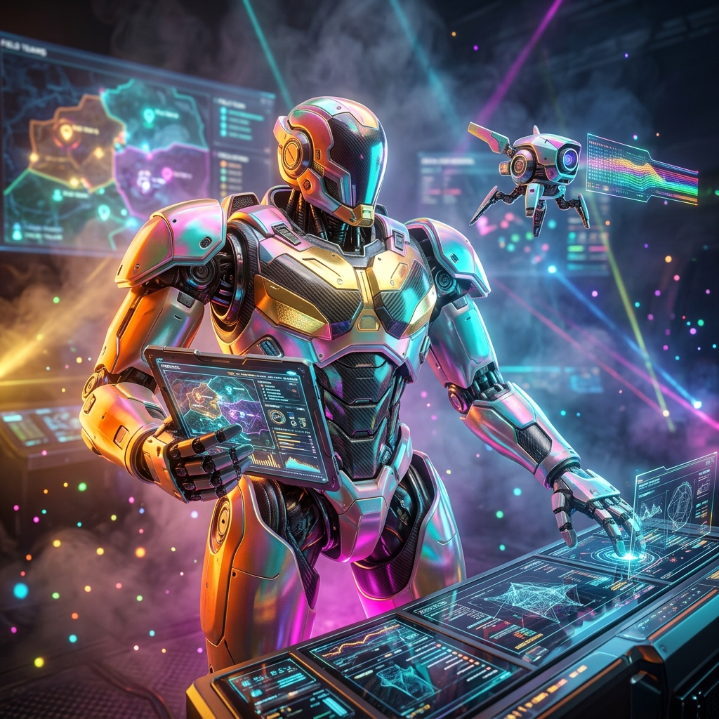 Fieldgrid Tactical — Zone Dispatch & Operations Terminal — Business Management category hero — duo of contrasting robots — one large hero mech and a small companion droid — composed cinematically in underground rave-like data cathedral with laser beams cutting through smoke