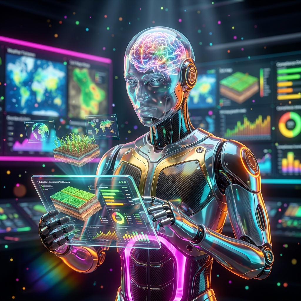 FieldLedger · Agriculture Compliance Intelligence — 3D Modeling category hero — translucent glass humanoid figure with a glowing neural-network brain visible inside its head in futuristic control room with massive glowing holographic screens and volumetric light rays