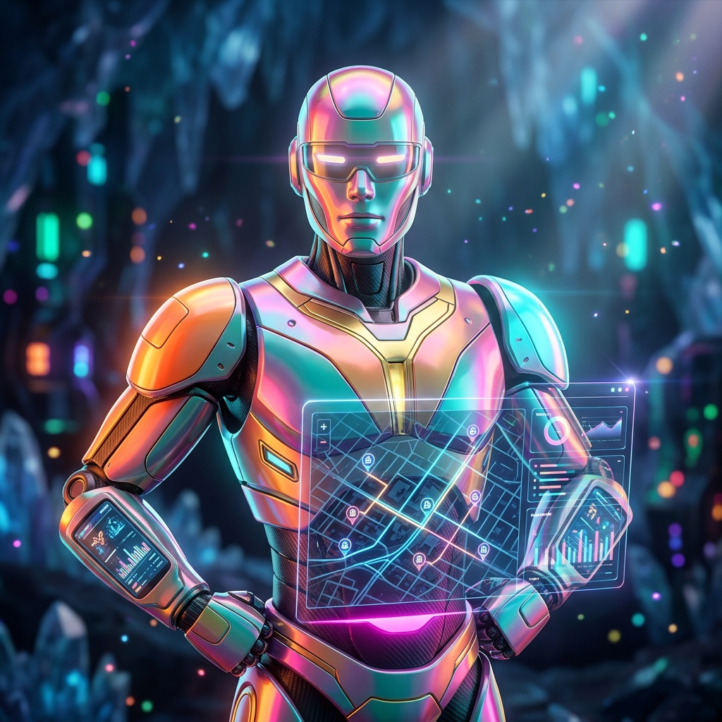 FieldMedix — Pharmacy Field Operations Grid — Medical Services category hero — hyper-detailed humanoid robot with glossy plating and glowing visor eyes, striking a confident hero pose in the center of the frame in crystalline ice cavern lit by bioluminescent tech installations
