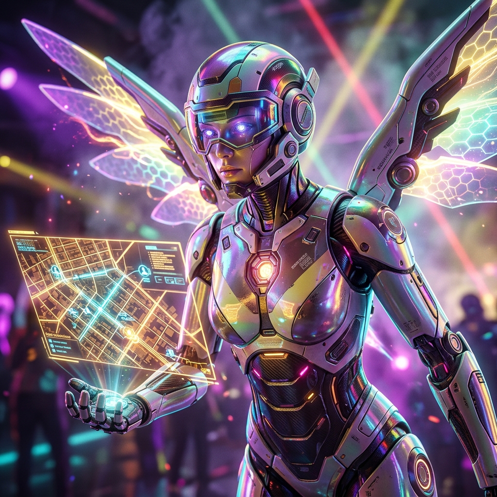 FieldOps Atlas — Dispatch Command Grid — Business Management category hero — courier-style android with iridescent wings unfurled, mid-flight silhouette against the environment in underground rave-like data cathedral with laser beams cutting through smoke