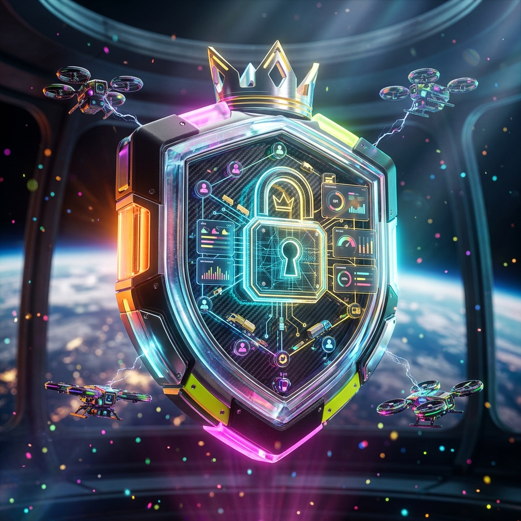 FieldOps Grid · Dispatch & Operations Terminal — Business Management category hero — glowing digital shield / padlock / crown / crystal object at the frame center, protected by hovering tech drones in orbital space station observation deck with a planet glowing outside the panoramic window
