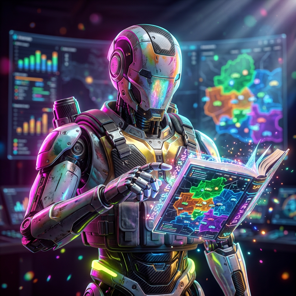 FieldOps Grid · Dispatch & Operations Terminal — Business Management category hero — sci-fi wizard robot with a floating spellbook of holographic glyphs and light particles in futuristic control room with massive glowing holographic screens and volumetric light rays