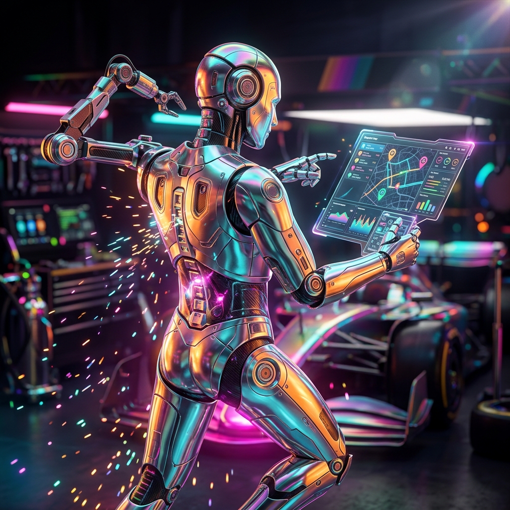 FieldOps Grid · Dispatch & Operations Terminal — App #4 — Business Management category hero — chrome-plated bipedal android caught mid-motion, sparks and light particles trailing around it in Formula-1 style pit garage with saturated color lighting and mechanical detail