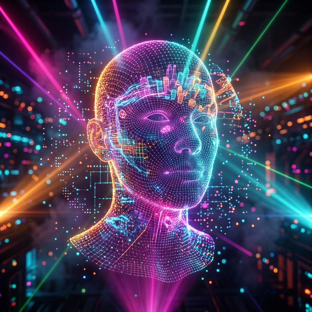 FieldPilot Command — Field Service Mission Control — 3D Modeling category hero — wireframe holographic human head made of glowing data points, floating in the frame center in underground rave-like data cathedral with laser beams cutting through smoke
