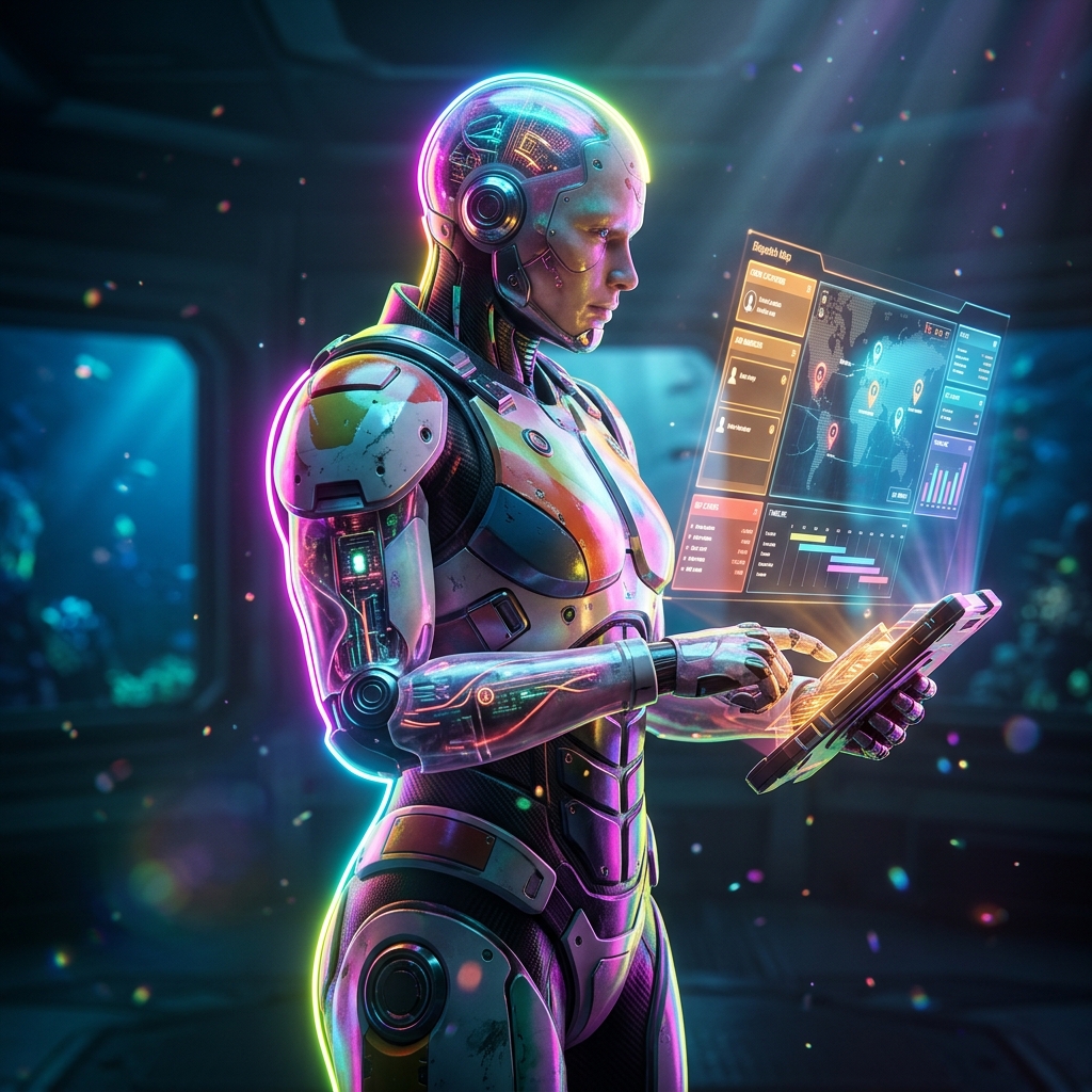 FieldPilot Grid | Dispatch & Field Operations Terminal — Business Management category hero — cinematic cyborg character seen in three-quarter profile, exposed circuitry glowing beneath translucent skin, intense neon rim light in deep-sea research bay with bulkhead windows onto a bioluminescent ocean