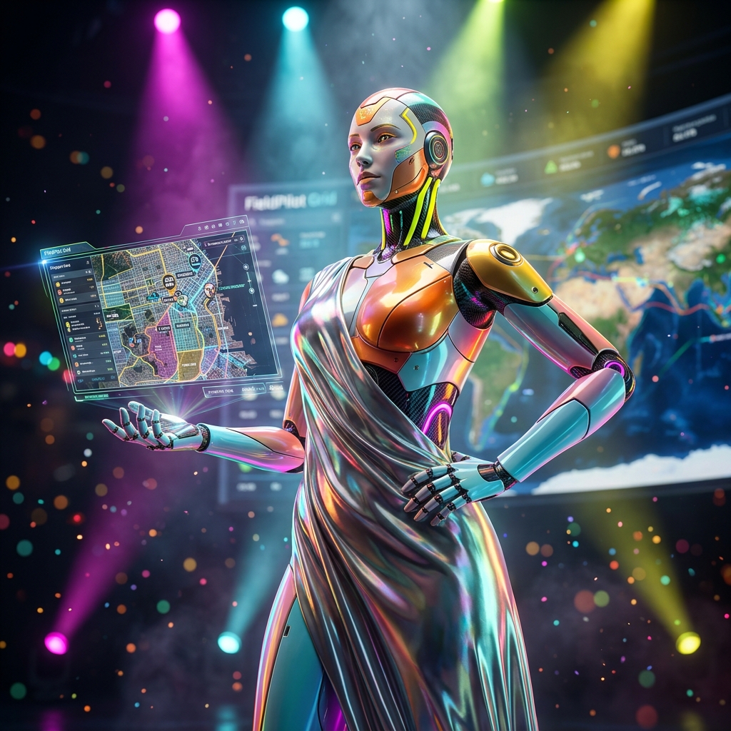FieldPilot Grid | Dispatch & Operations Terminal โ Shipping & Logistics category hero โ elegant fashion-forward android in flowing reflective couture fabric, editorial pose in dark cinematic stage with dramatic spotlights streaming down and a hazy atmospheric fog