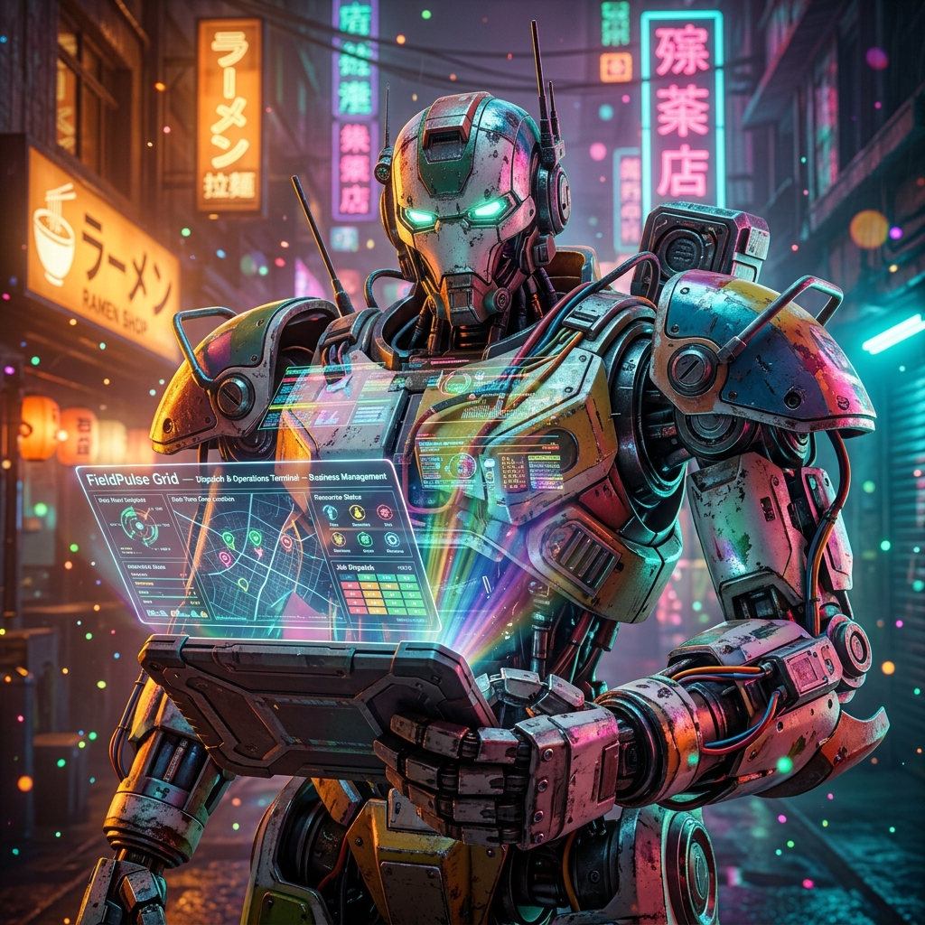 FieldPulse Grid — Dispatch & Operations Terminal — Business Management category hero — war-worn but heroic mech pilot robot with painted panels, weathered detail, cinematic hero lighting in Blade-Runner-style noodle-shop alley with dense neon signage in the background