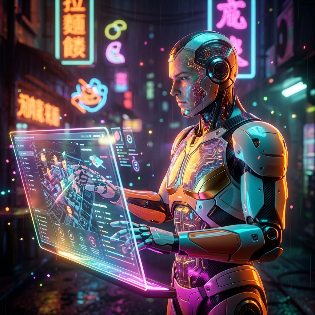 FinField Ops — 3D Modeling category hero — cinematic cyborg character seen in three-quarter profile, exposed circuitry glowing beneath translucent skin, intense neon rim light in Blade-Runner-style noodle-shop alley with dense neon signage in the background