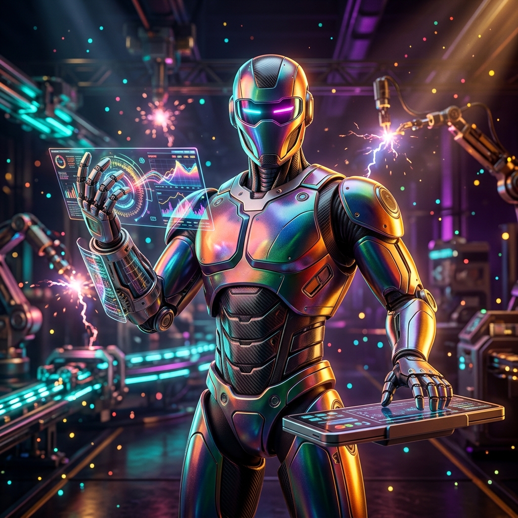 FinLedger Command | Financial Strategy Terminal — Finance & Fintech category hero — hyper-detailed humanoid robot with glossy plating and glowing visor eyes, striking a confident hero pose in the center of the frame in magnetic-levitation factory floor with sparking arcs of electricity and machinery