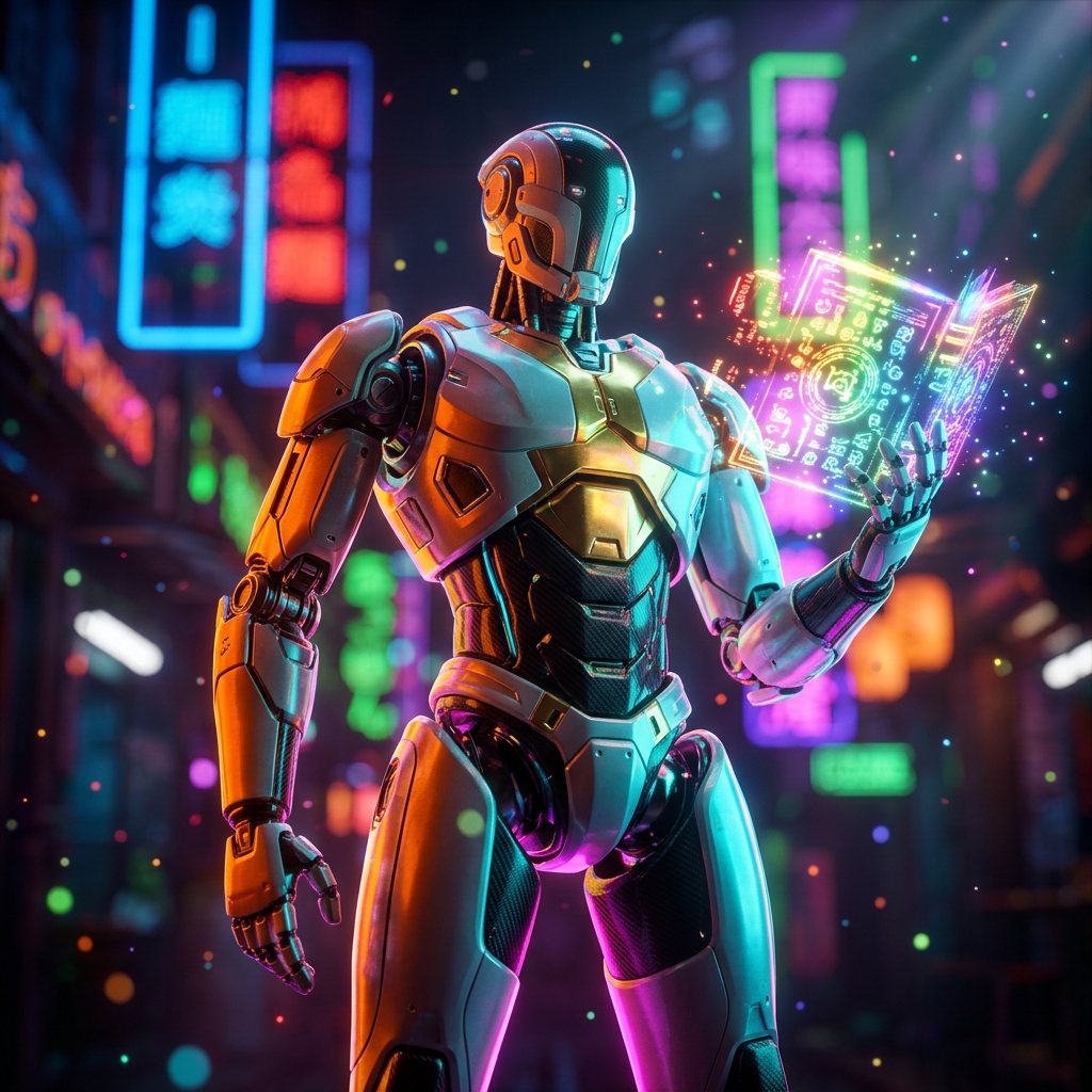 FiscalFlow – Financial Strategy Terminal — Finance & Fintech category hero — sci-fi wizard robot with a floating spellbook of holographic glyphs and light particles in Blade-Runner-style noodle-shop alley with dense neon signage in the background