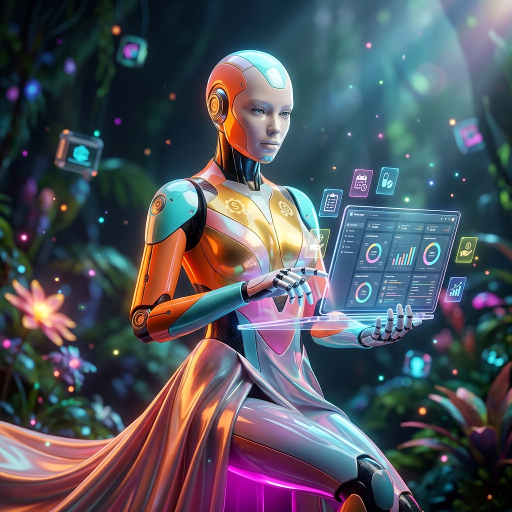 FiscalLedger Terminal — Elder Care Finance — Senior Care category hero — elegant fashion-forward android in flowing reflective couture fabric, editorial pose in alien jungle biome with glowing flora and floating tech artifacts
