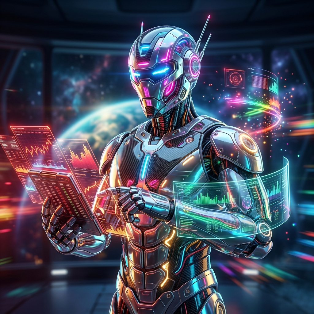 FiscalPulse Terminal — Strategy, Ledger & Scenario Command — Forum category hero — hyper-detailed humanoid robot with glossy plating and glowing visor eyes, striking a confident hero pose in the center of the frame in orbital space station observation deck with a planet glowing outside the panoramic window