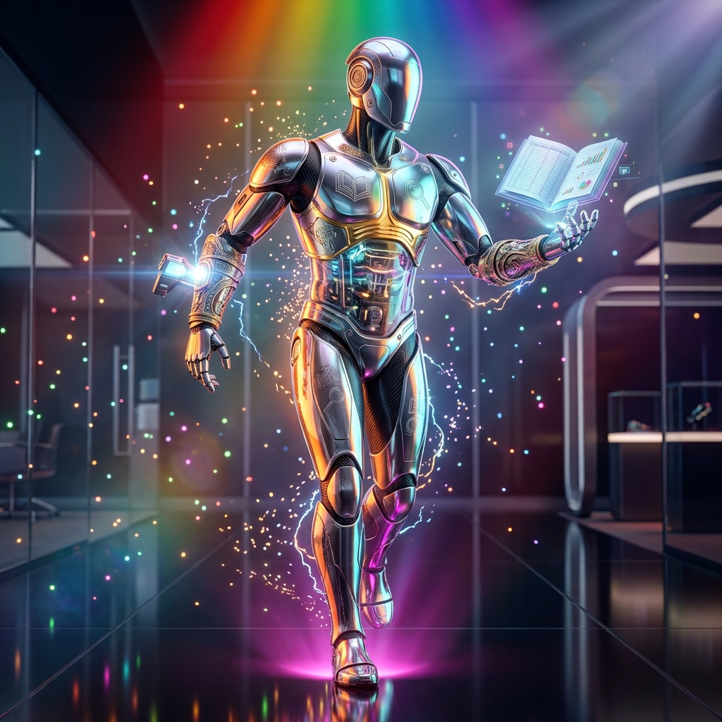 FixedOps Ledger | Compliance Intelligence Ledger — Accounting category hero — chrome-plated bipedal android caught mid-motion, sparks and light particles trailing around it in chrome-and-glass showroom with mirrored floor and rim-lit product staging