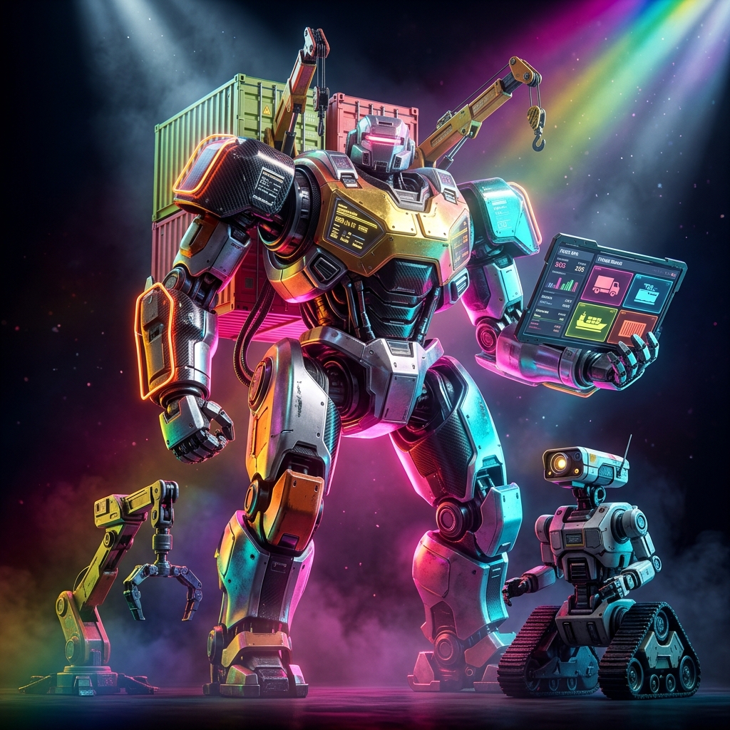 Fleetcase Command — Fleet & Vehicle Operations Console — Shipping & Logistics category hero — duo of contrasting robots — one large hero mech and a small companion droid — composed cinematically in dark cinematic stage with dramatic spotlights streaming down and a hazy atmospheric fog