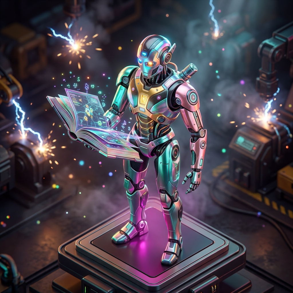 FleetForge Command – Field Operations Grid — Shipping & Logistics category hero — sci-fi wizard robot with a floating spellbook of holographic glyphs and light particles in magnetic-levitation factory floor with sparking arcs of electricity and machinery