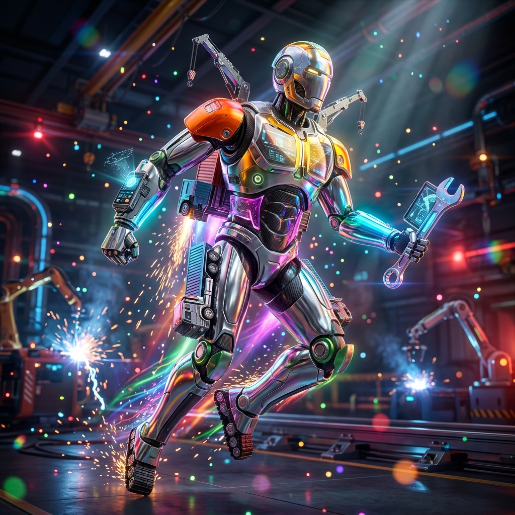 FleetFoundry · Vehicle Operations Studio — Shipping & Logistics category hero — chrome-plated bipedal android caught mid-motion, sparks and light particles trailing around it in magnetic-levitation factory floor with sparking arcs of electricity and machinery