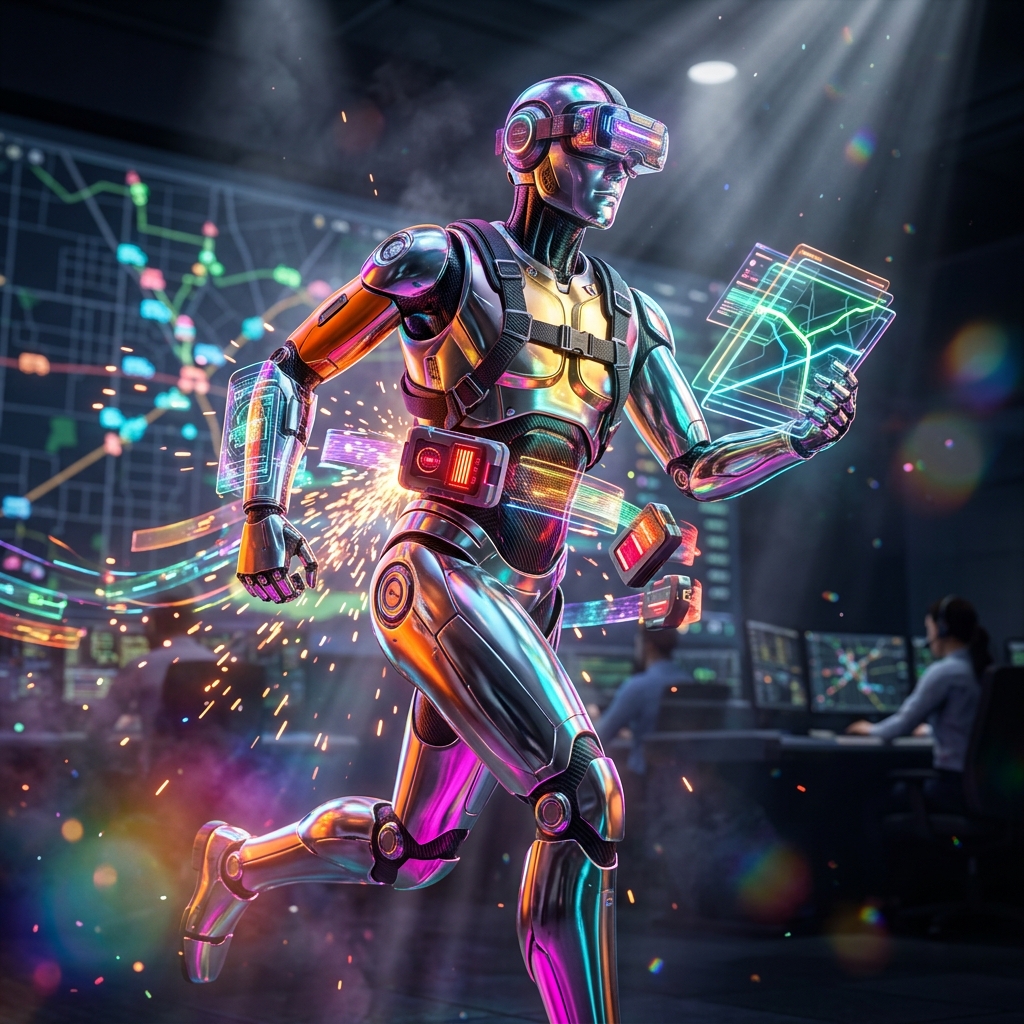FleetPilot Dispatch | Field Operations Grid β Shipping & Logistics category hero β chrome-plated bipedal android caught mid-motion, sparks and light particles trailing around it in dark cinematic stage with dramatic spotlights streaming down and a hazy atmospheric fog