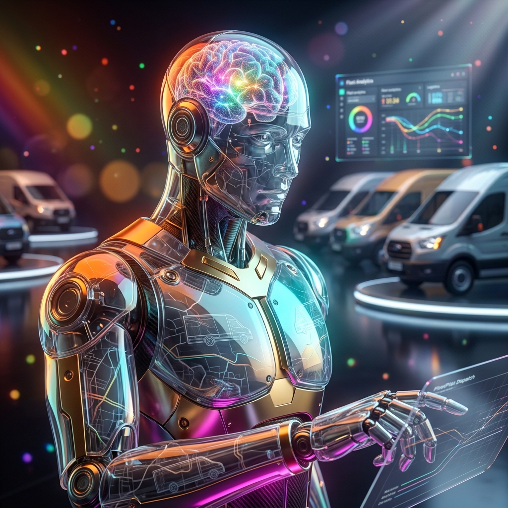 FleetPilot Dispatch — Fleet & Vehicle Management — Shipping & Logistics category hero — translucent glass humanoid figure with a glowing neural-network brain visible inside its head in chrome-and-glass showroom with mirrored floor and rim-lit product staging