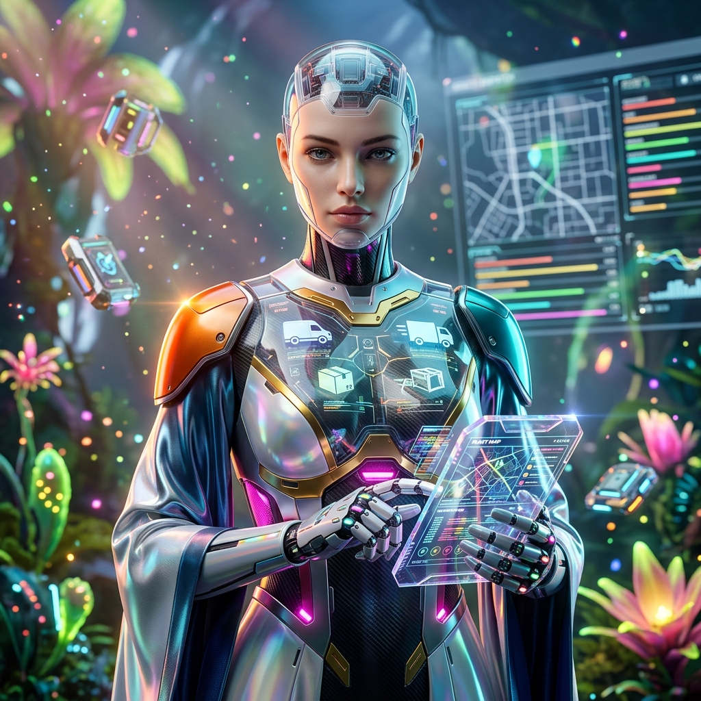FleetPilot Dispatch — Vehicle Rental Field Operations Grid — Shipping & Logistics category hero — elegant fashion-forward android in flowing reflective couture fabric, editorial pose in alien jungle biome with glowing flora and floating tech artifacts