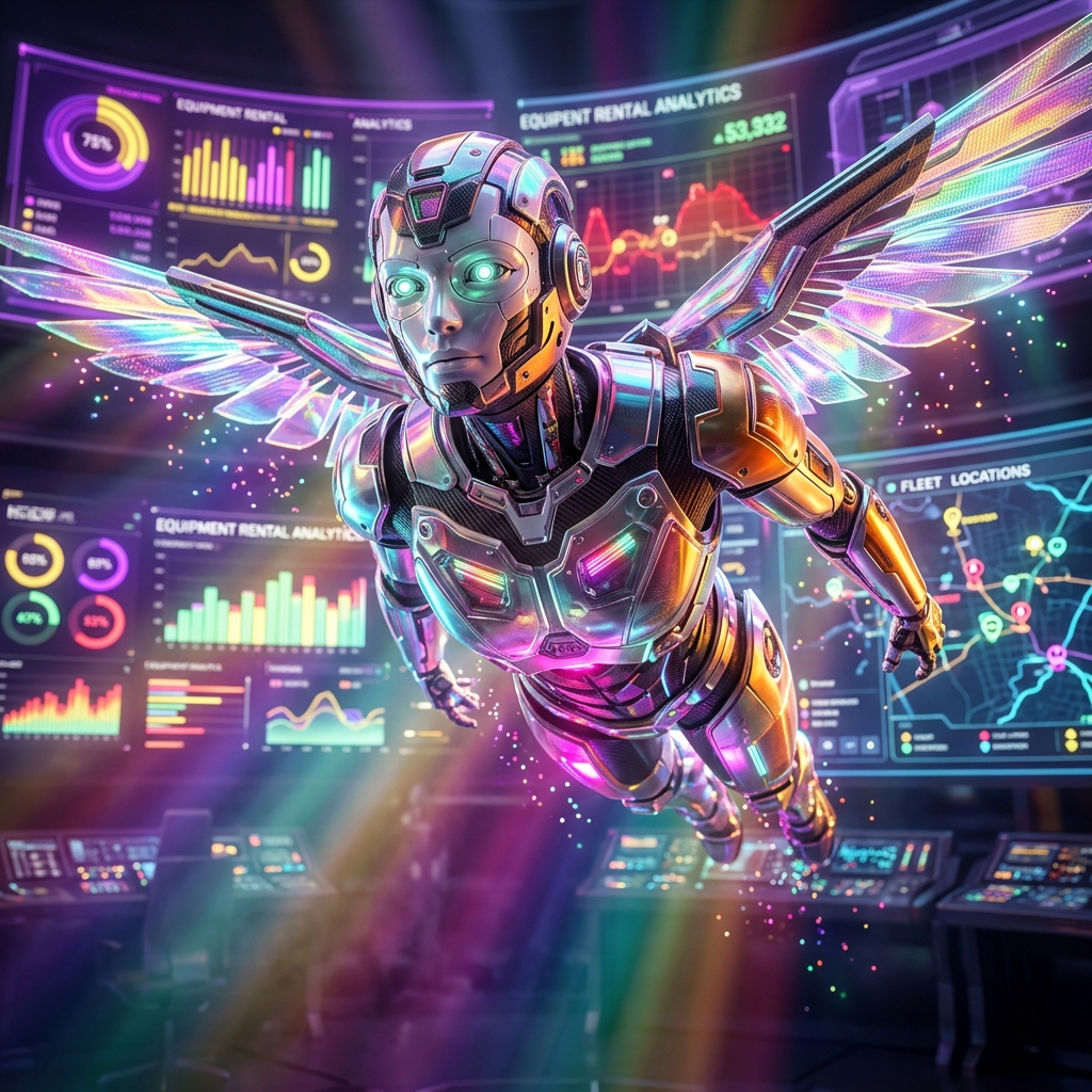 FleetPulse Command — Equipment Rental War Room — Business Management category hero — courier-style android with iridescent wings unfurled, mid-flight silhouette against the environment in futuristic control room with massive glowing holographic screens and volumetric light rays