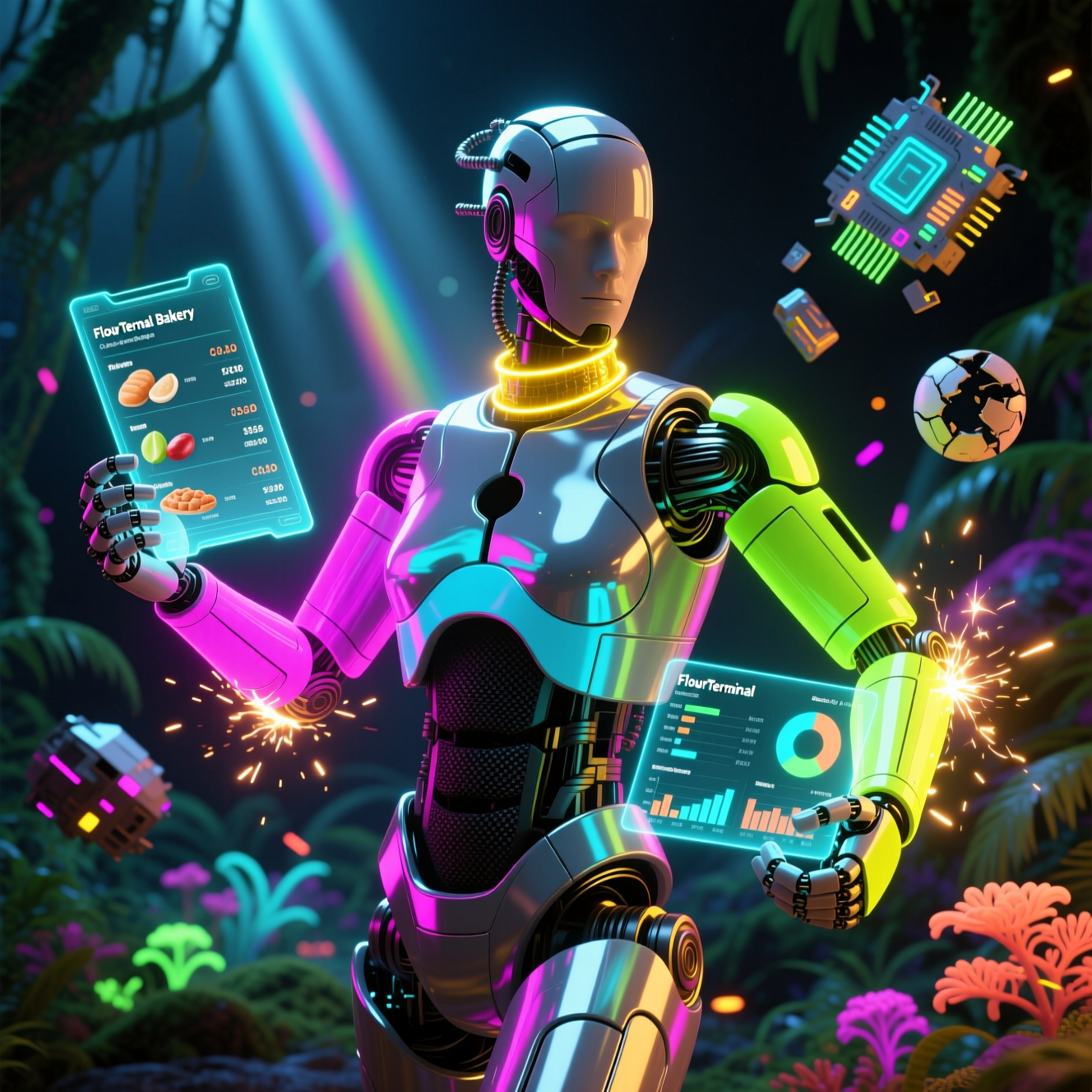 FlourTerminal — Bakery Cost & Batch Command — Recipe category hero — chrome-plated bipedal android caught mid-motion, sparks and light particles trailing around it in alien jungle biome with glowing flora and floating tech artifacts