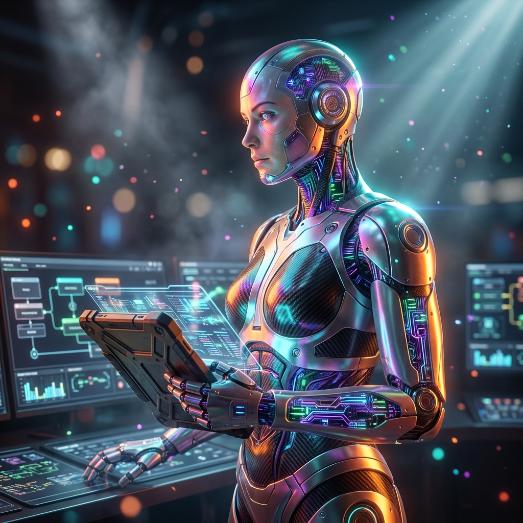 FlowForge Automation Studio | Production Command Suite — Automation category hero — cinematic cyborg character seen in three-quarter profile, exposed circuitry glowing beneath translucent skin, intense neon rim light in dark cinematic stage with dramatic spotlights streaming down and a hazy atmospheric fog