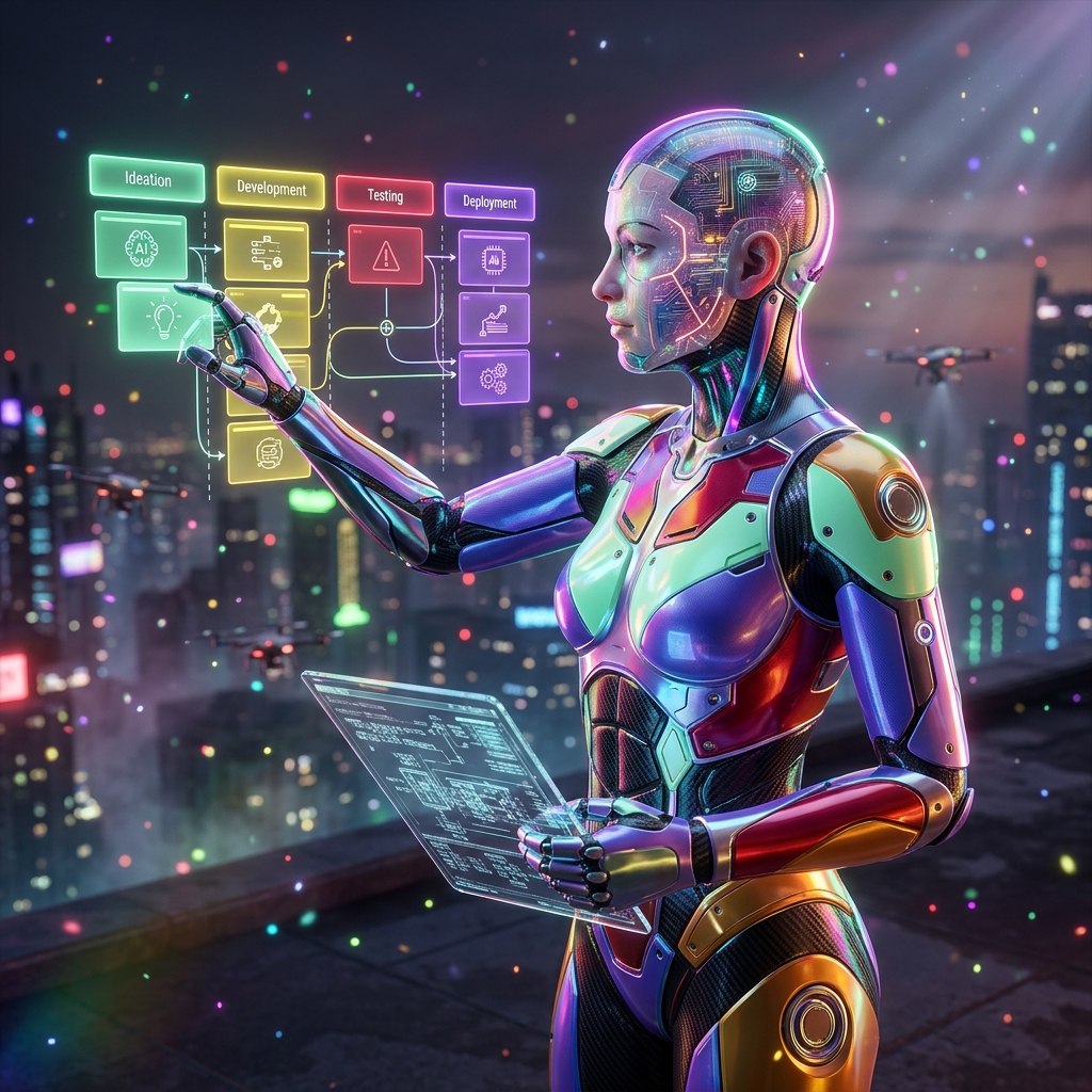 FlowForge Studio — Automation Production Suite — Automation category hero — cinematic cyborg character seen in three-quarter profile, exposed circuitry glowing beneath translucent skin, intense neon rim light in rooftop overlooking a neon megacity skyline at dusk, drones flying in the distance