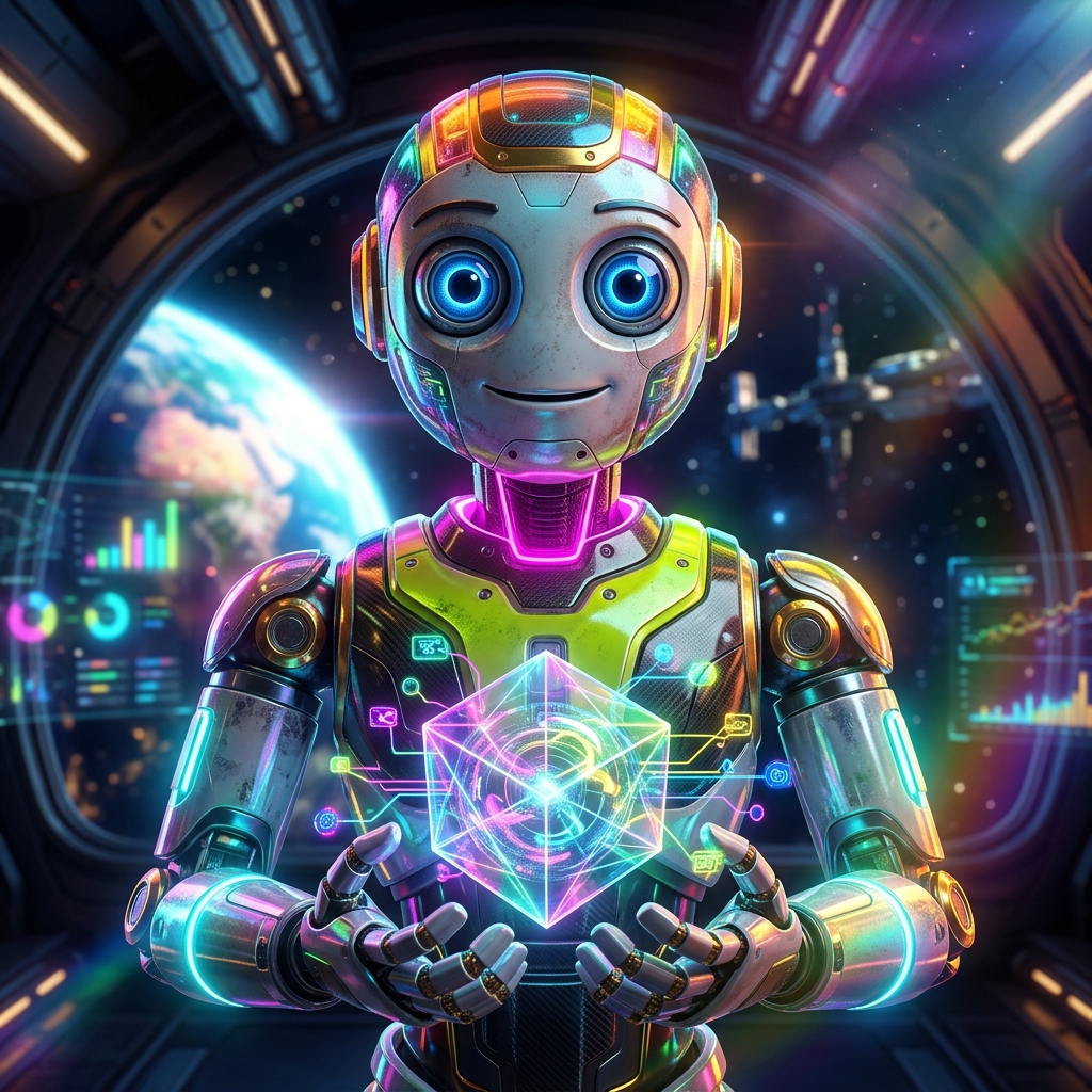 Flowgrid Command — Supply Chain Neural Board — Video Conferencing category hero — friendly Pixar-quality mascot robot with big expressive optical eyes, holding an object that represents the category in orbital space station observation deck with a planet glowing outside the panoramic window