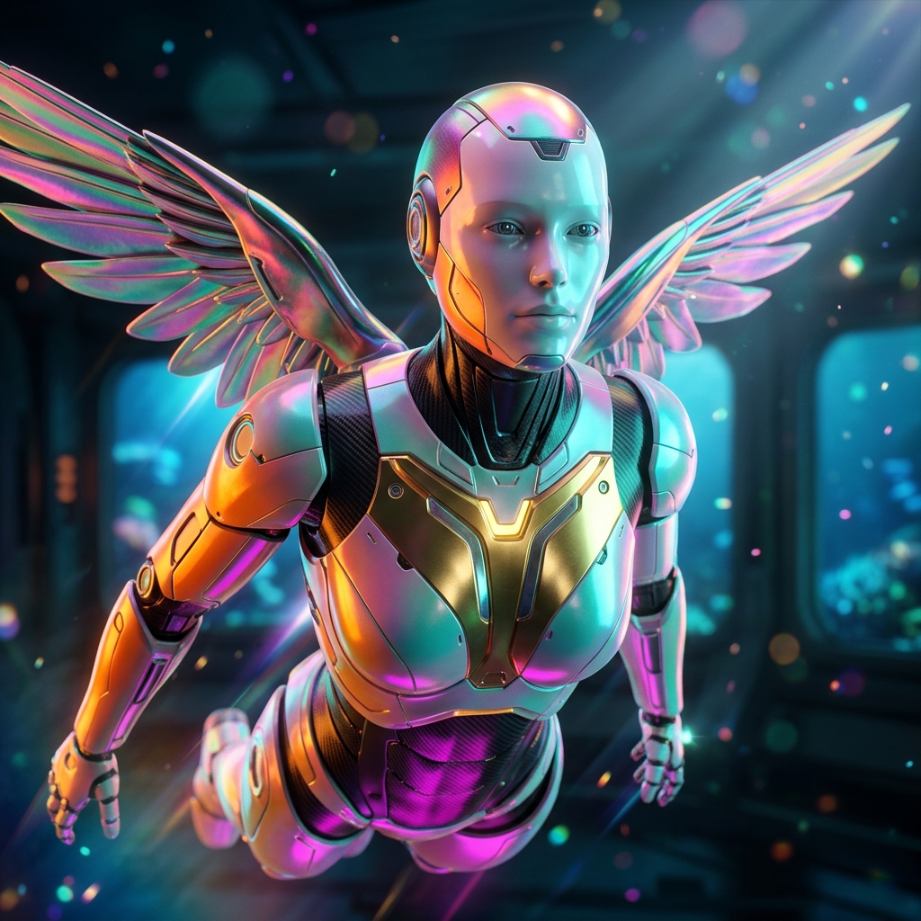 FlowGrid Operations | Waste & Recycling Supply Chain Board — Shipping & Logistics category hero — courier-style android with iridescent wings unfurled, mid-flight silhouette against the environment in deep-sea research bay with bulkhead windows onto a bioluminescent ocean