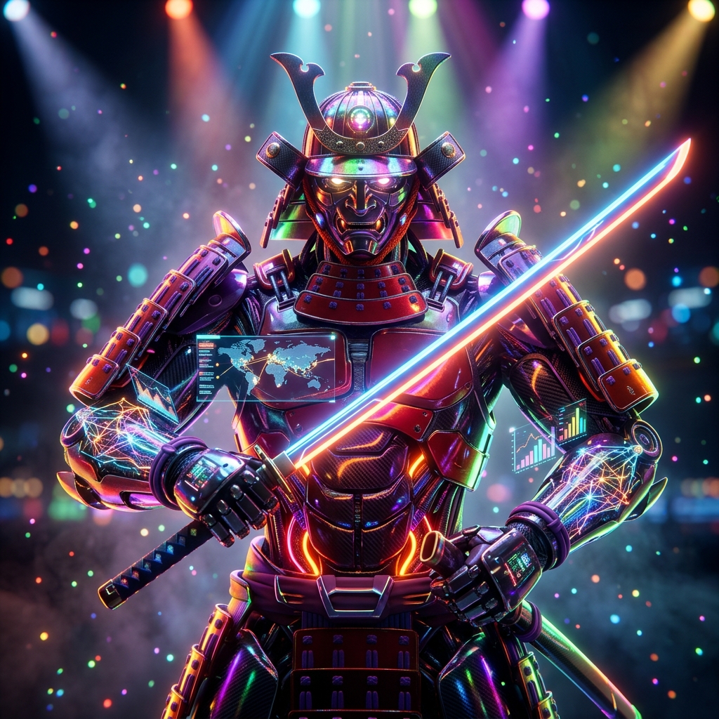 FlowMatrix — Supply Chain Neural Board — Shipping & Logistics category hero — majestic samurai-styled mech in lacquered armor with neon under-glow, katana of light in hand in dark cinematic stage with dramatic spotlights streaming down and a hazy atmospheric fog