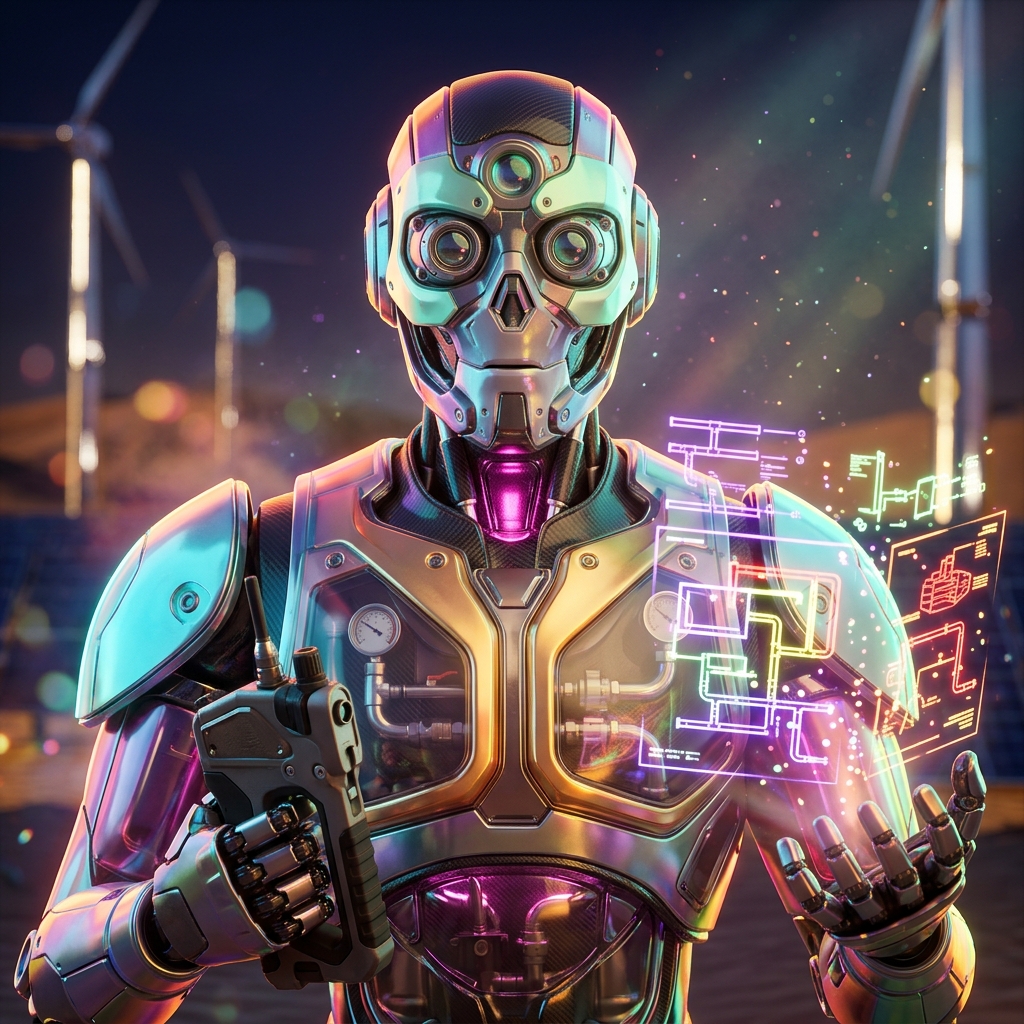 FlowShield Console | Leak & Quote Pro — Engineering Reliability — Engineering category hero — sci-fi wizard robot with a floating spellbook of holographic glyphs and light particles in desert solar farm at magic hour with reflective sand and towering chrome pylons