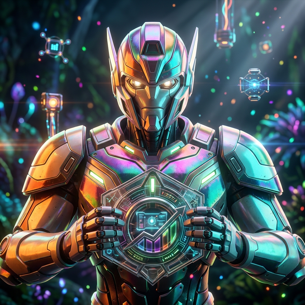 FluxCockpit | Agency Mission Command — Business Management category hero — heavily armored guardian robot holding a symbolic emblem of the category with both hands in alien jungle biome with glowing flora and floating tech artifacts