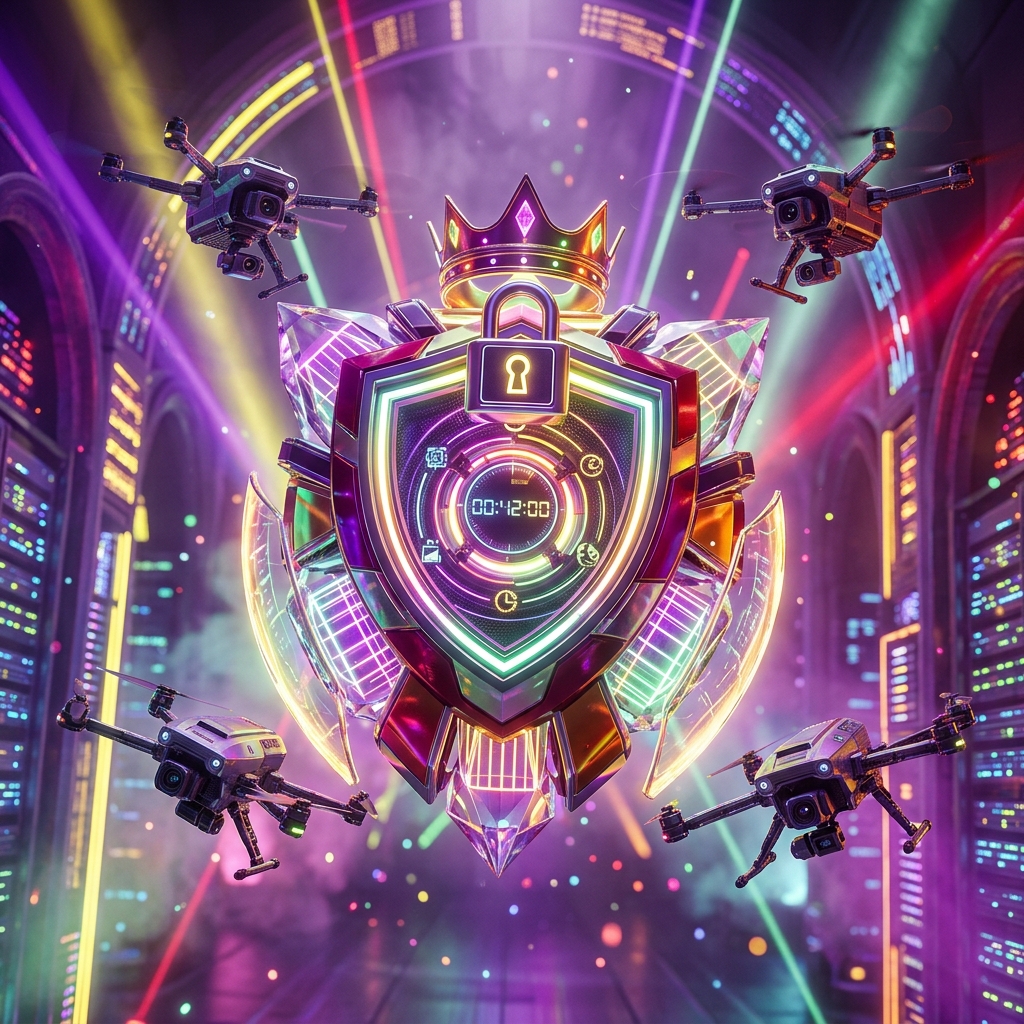 FluxFrame – Studio Production Suite — AI Tools category hero — glowing digital shield / padlock / crown / crystal object at the frame center, protected by hovering tech drones in underground rave-like data cathedral with laser beams cutting through smoke