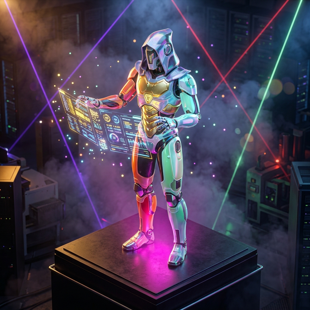 ForgeFlow — Manufacturing MRP Command — ERP category hero — sci-fi wizard robot with a floating spellbook of holographic glyphs and light particles in underground rave-like data cathedral with laser beams cutting through smoke