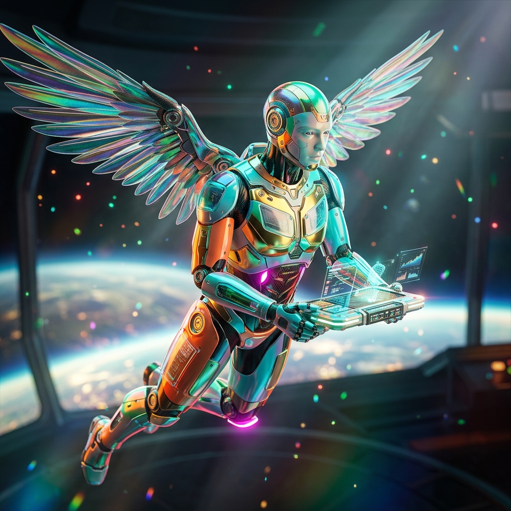 FortisLedger — Risk & Incident Command Terminal — Business Management category hero — courier-style android with iridescent wings unfurled, mid-flight silhouette against the environment in orbital space station observation deck with a planet glowing outside the panoramic window