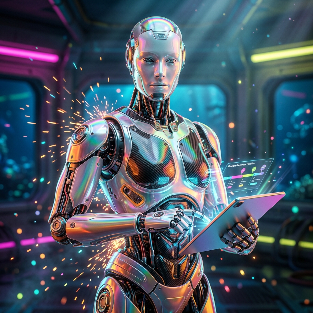 Fracture Recovery Planner — Orthopedic Recovery OS — Digital Health category hero — chrome-plated bipedal android caught mid-motion, sparks and light particles trailing around it in deep-sea research bay with bulkhead windows onto a bioluminescent ocean