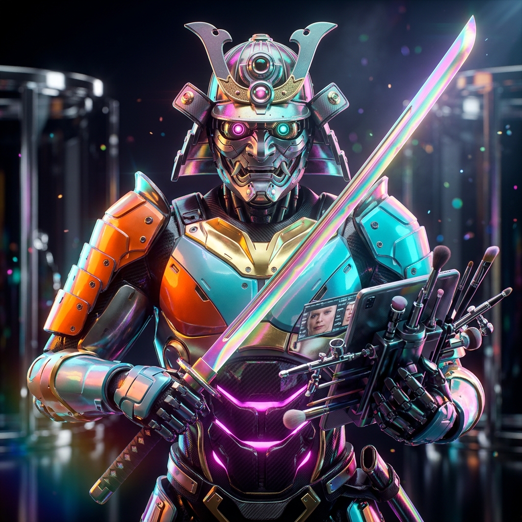 FrameContinuity — On-Set Makeup & Hair War Room — Art category hero — majestic samurai-styled mech in lacquered armor with neon under-glow, katana of light in hand in chrome-and-glass showroom with mirrored floor and rim-lit product staging