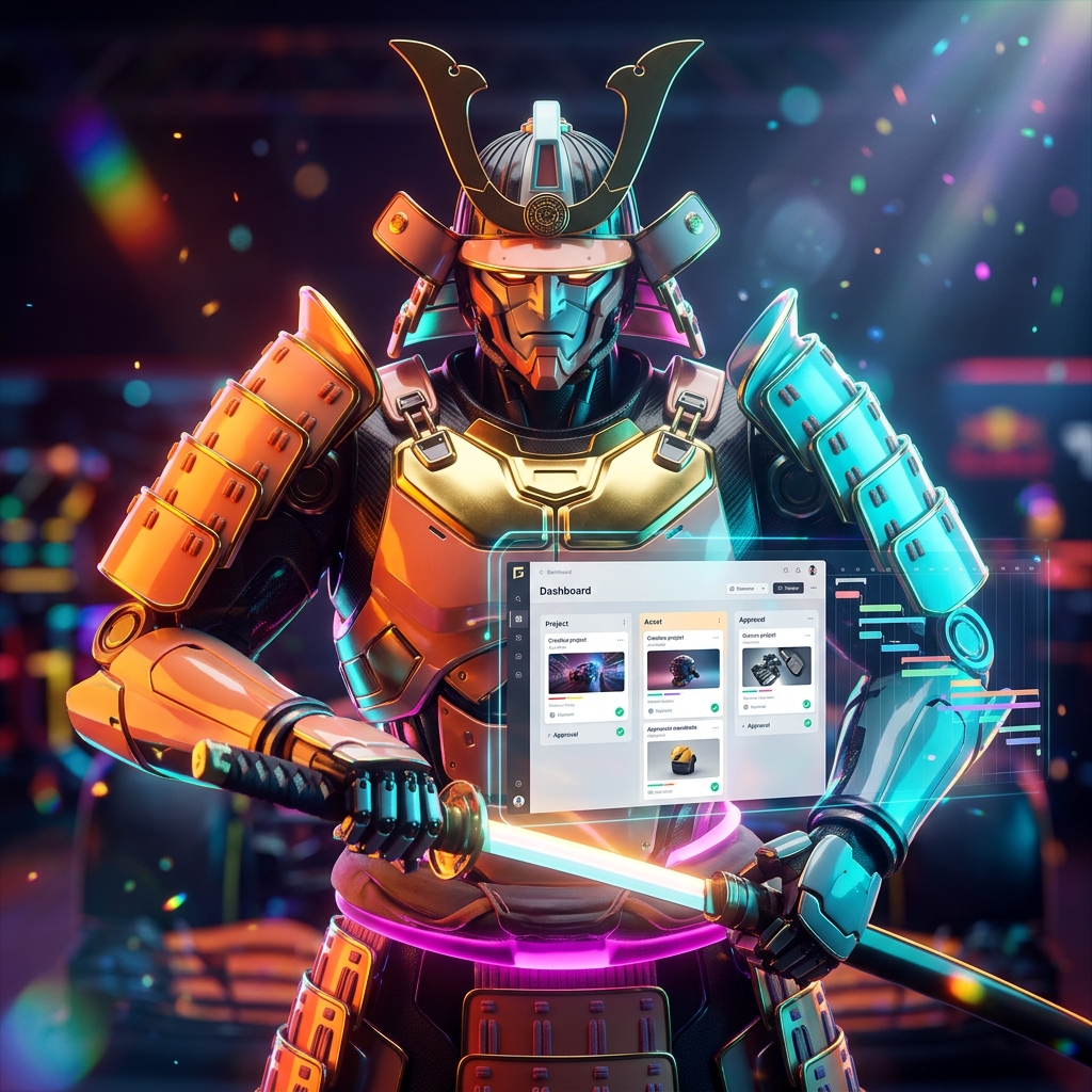Framecraft Studio | Production command center for remote creativ — Collaboration category hero — majestic samurai-styled mech in lacquered armor with neon under-glow, katana of light in hand in Formula-1 style pit garage with saturated color lighting and mechanical detail