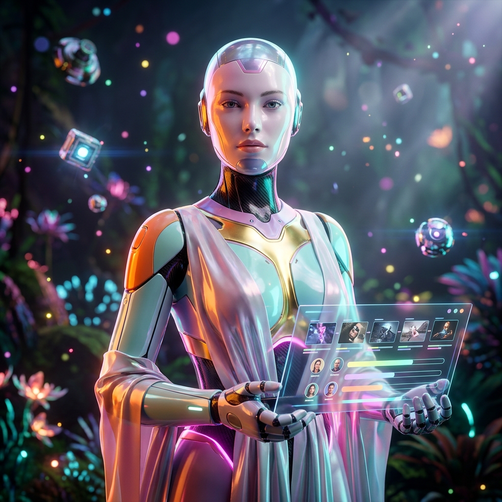 Frameflow Studio — Production Command for Marketplace Media — Business Management category hero — elegant fashion-forward android in flowing reflective couture fabric, editorial pose in alien jungle biome with glowing flora and floating tech artifacts
