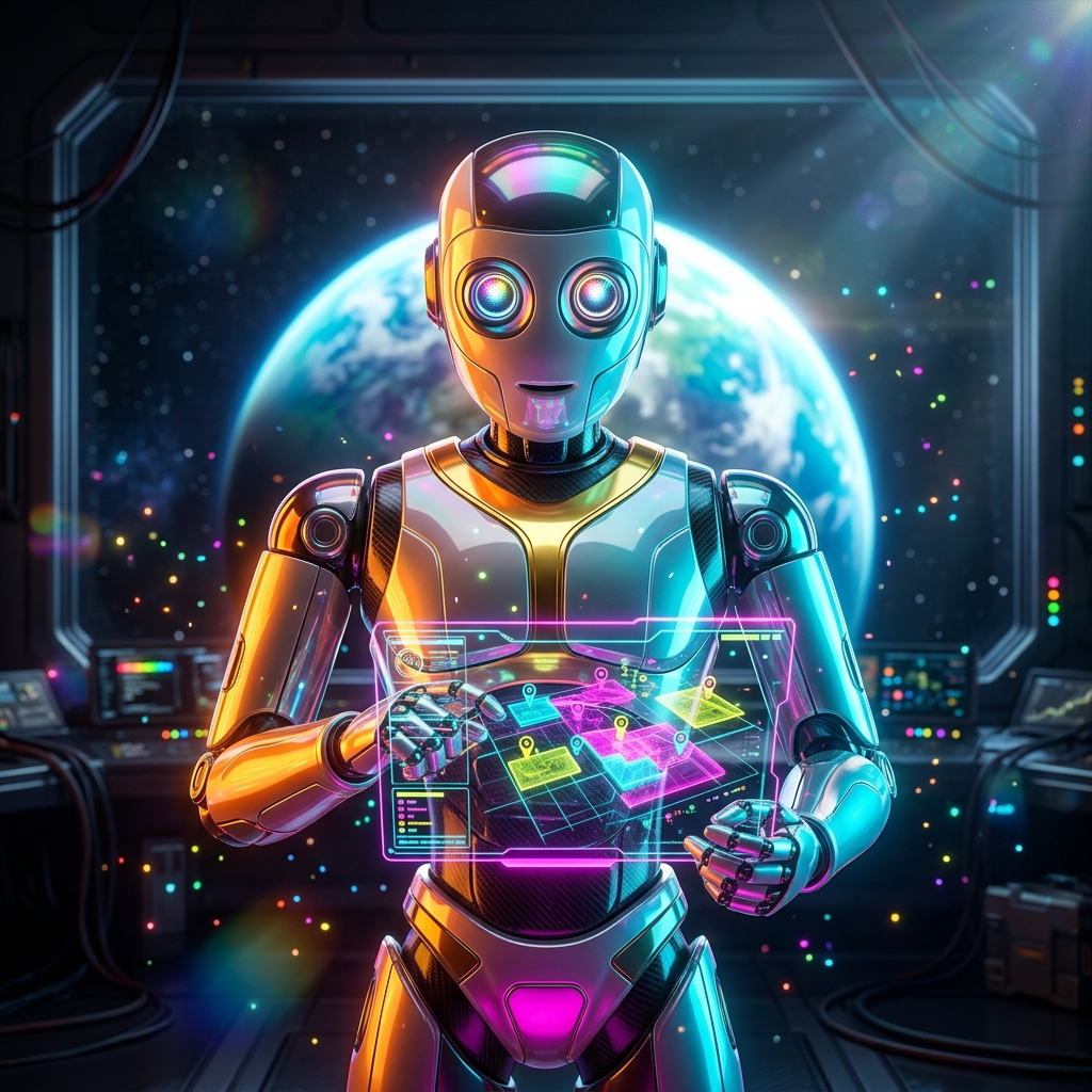 FrameForge Dispatch — Animation Field Operations Grid — Animation category hero — friendly Pixar-quality mascot robot with big expressive optical eyes, holding an object that represents the category in orbital space station observation deck with a planet glowing outside the panoramic window