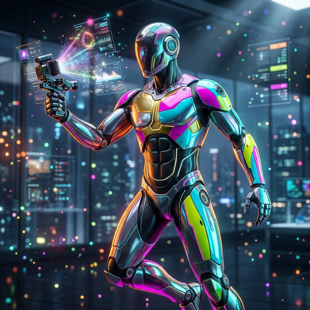 FrameFoundry — Creative Production Command Center — Project Management category hero — sleek sports-car-inspired bipedal android mid-motion, carbon-fiber musculature and glowing accent lines in sleek high-tech laboratory with glass walls, floating data panels and particle light