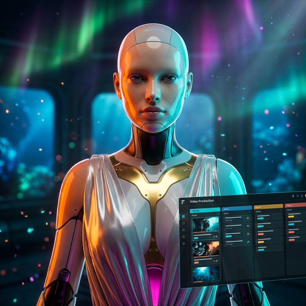 FrameFoundry Studio | Production Command Suite — Video Conferencing category hero — elegant fashion-forward android in flowing reflective couture fabric, editorial pose in deep-sea research bay with bulkhead windows onto a bioluminescent ocean