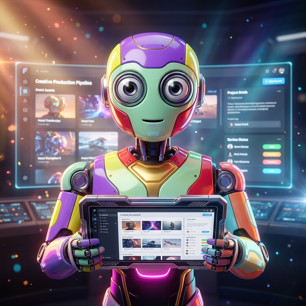 FrameFoundry Studio — Production Command Suite — Project Management category hero — friendly Pixar-quality mascot robot with big expressive optical eyes, holding an object that represents the category in futuristic control room with massive glowing holographic screens and volumetric light rays