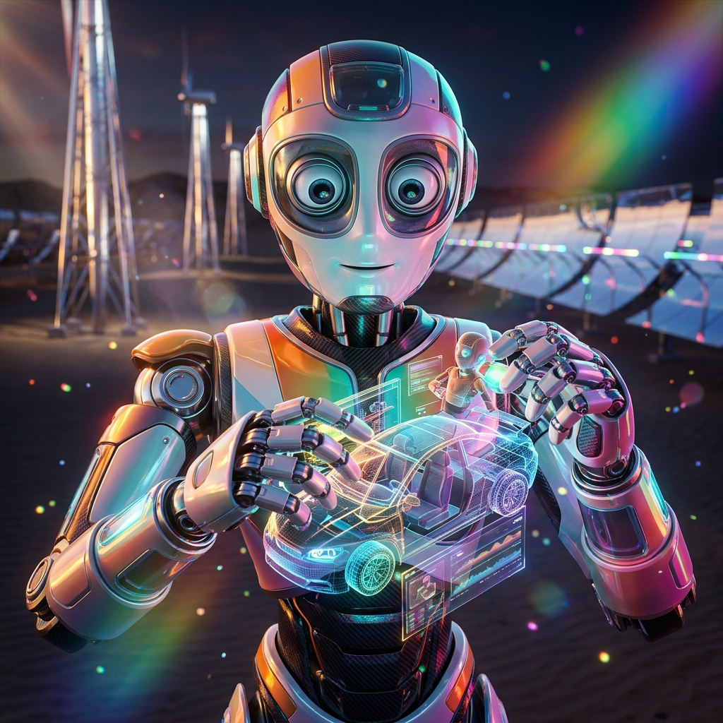 FrameFoundry — Studio Production Suite — Forum category hero — friendly Pixar-quality mascot robot with big expressive optical eyes, holding an object that represents the category in desert solar farm at magic hour with reflective sand and towering chrome pylons