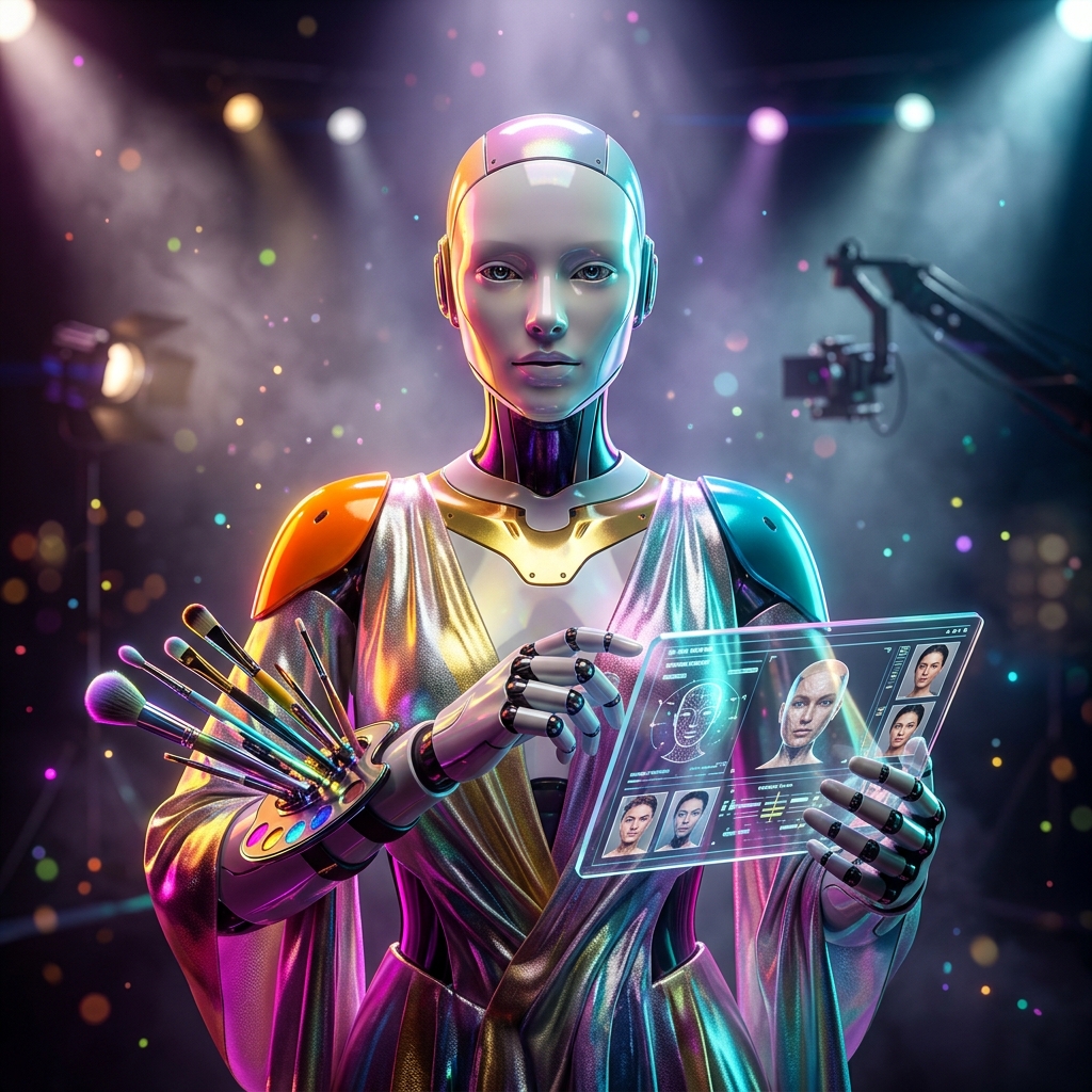 FrameLock — Set Makeup Continuity for Film & TV — Art category hero — elegant fashion-forward android in flowing reflective couture fabric, editorial pose in dark cinematic stage with dramatic spotlights streaming down and a hazy atmospheric fog