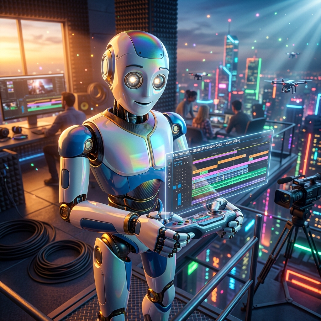 FrameVault — Studio Production Suite — Video Editing category hero — friendly Pixar-quality mascot robot with big expressive optical eyes, holding an object that represents the category in rooftop overlooking a neon megacity skyline at dusk, drones flying in the distance