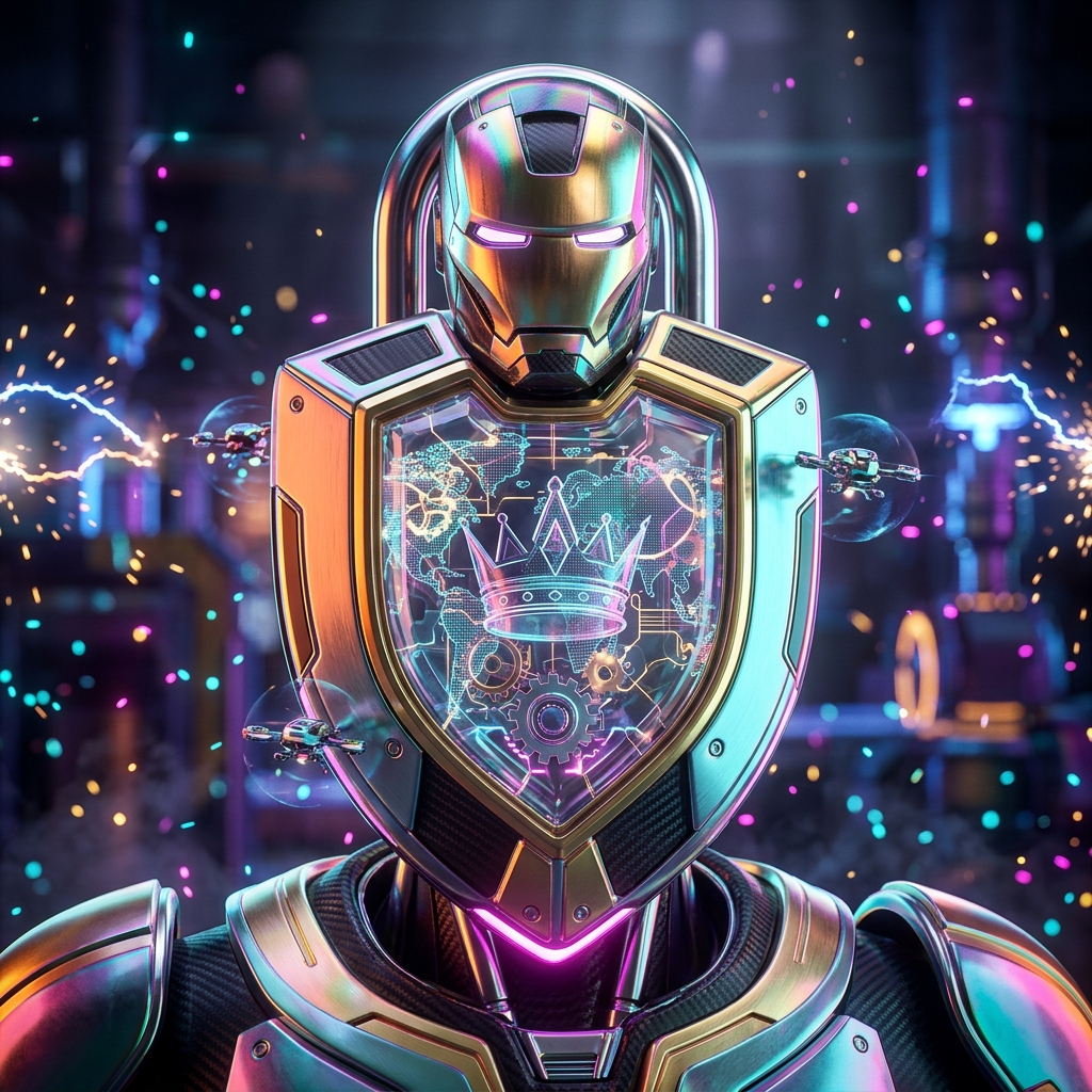 FranchiseOps | Compliance Intelligence Ledger for Franchise Mana — Business Management category hero — glowing digital shield / padlock / crown / crystal object at the frame center, protected by hovering tech drones in magnetic-levitation factory floor with sparking arcs of electricity and machinery