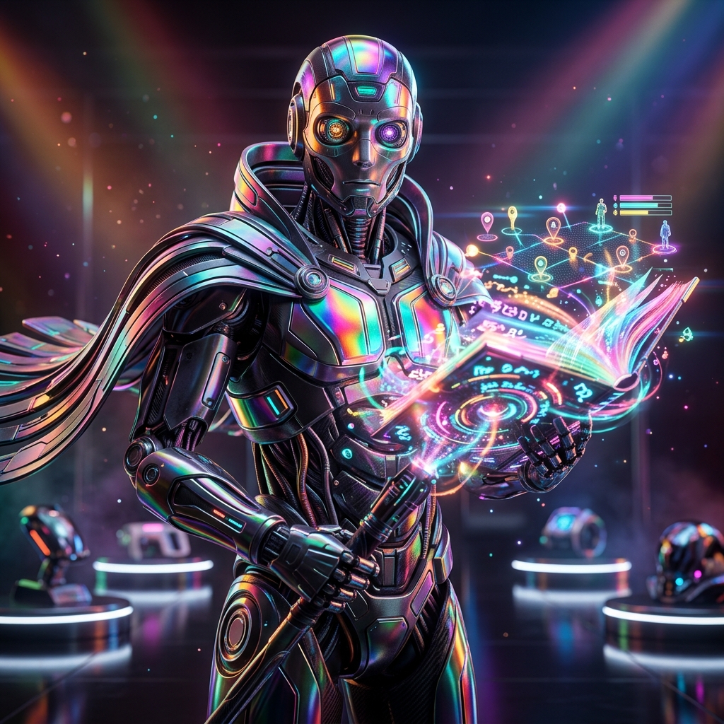 FranchisePilot Ops | Field Operations Grid — Business Management category hero — sci-fi wizard robot with a floating spellbook of holographic glyphs and light particles in chrome-and-glass showroom with mirrored floor and rim-lit product staging