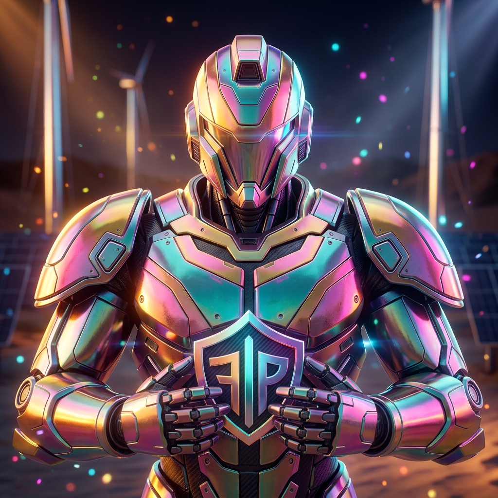 FranchisePulse | Case Command Center for Franchise Operations — Business Management category hero — heavily armored guardian robot holding a symbolic emblem of the category with both hands in desert solar farm at magic hour with reflective sand and towering chrome pylons